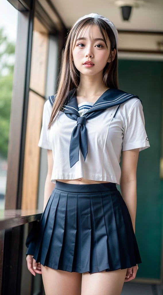 neat college girl, (school uniform, sailor uniform, ribbon tied at chest, summer clothes, upper body white, skirt dark blue, short sleeves), outside the athletic field, (slim), photorealistic, detail, skin texture, ultra detail, delicate and sexy collarbone, smile, super detailed face, detailed lips, detailed eyes, double eyelids, small breasts, small breasts, small, flat breasts, breast emphasis