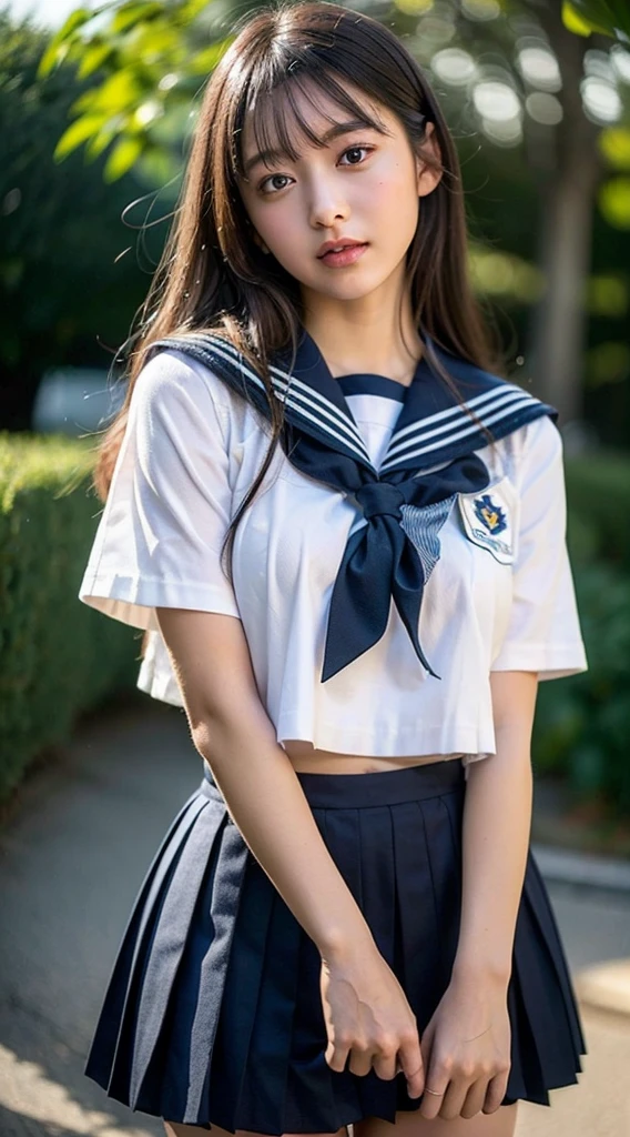neat college girl, (school uniform, sailor uniform, ribbon tied at chest, summer uniform, upper body white, skirt is navy blue), outside the athletic field, (slim), photorealistic, detail, skin texture, ultra detail, delicate and sexy collarbone, smile, super detailed face, detailed lips, detailed eyes, double eyelids, small breasts, small breasts, small, flat breasts, breast emphasis
