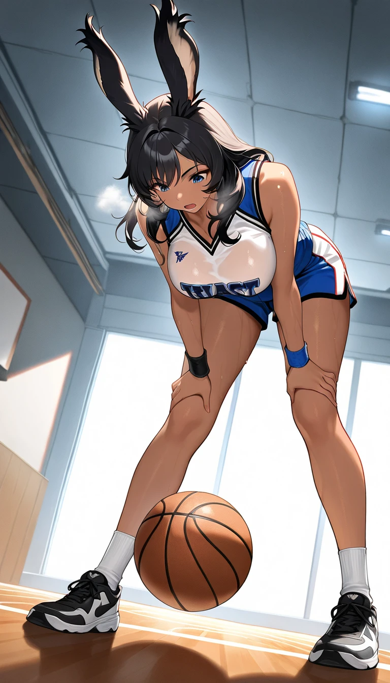 Beautiful brown skin woman, she has brunette layered long hair, she is wearing basketball jersey, she is a basketball player, she is posing for photographs with the basketball, thick thighs, big butt