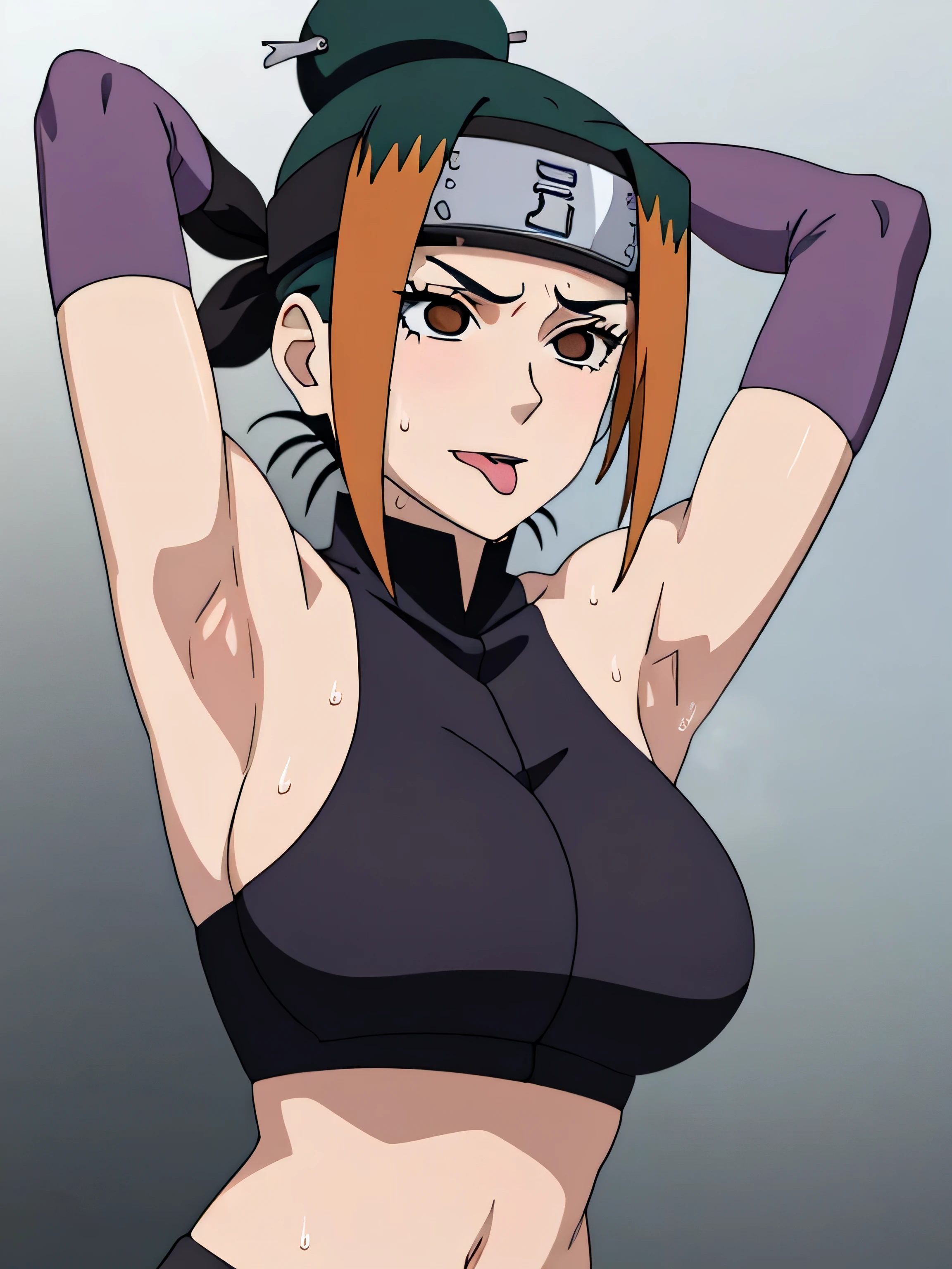 Pakura,human woman with fair skin. She has black eyes and blackish orange clothing. Her hair is black in color; She is beautiful.Tsundere face. Pink eye shading,mature appearance,armpits,sweat,sweaty,sweaty armpits,arms up,showing armpits,awesome armpits,outfit,blackish red arm warmers,maroon arm bands,maroon arm warmers,showing tongue,tongue out,wearing Konoha headband.