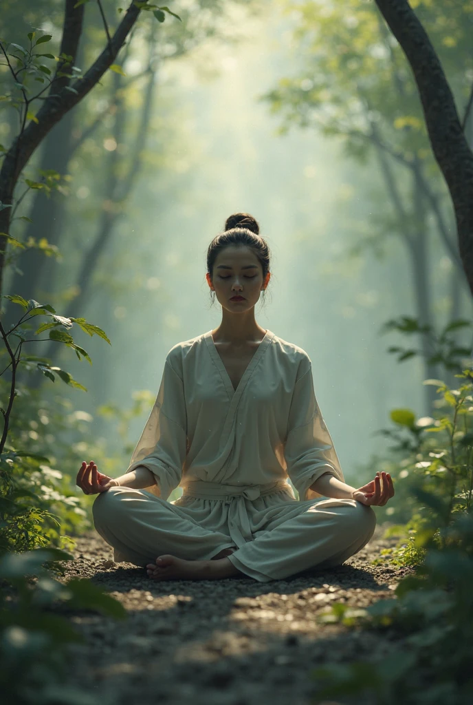 Namaste. Person meditating. The image won major awards and was created for a magic and fantasy film. Conveys a feeling of great power and wisdom. Features cinematic lighting, well-defined details, the best quality, 16K,