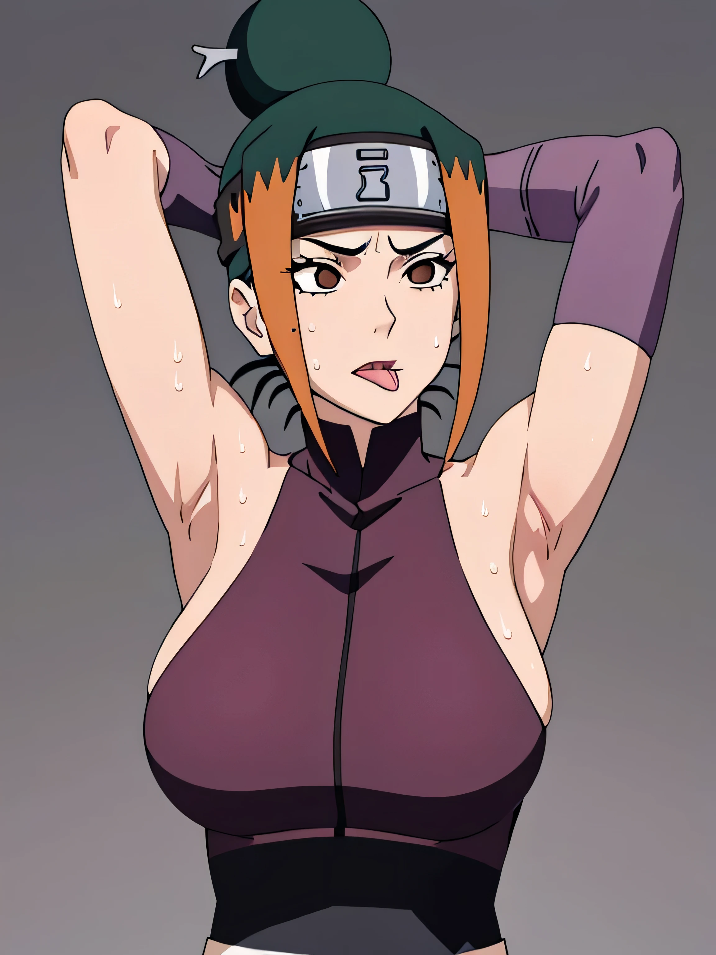 Pakura,human woman with fair skin. She has black eyes and blackish orange clothing. Her hair is black in color; She is beautiful.Tsundere face. Pink eye shading,mature appearance,armpits,sweat,sweaty,sweaty armpits,arms up,showing armpits,awesome armpits,outfit,blackish red arm warmers,maroon arm bands,maroon arm warmers,showing tongue,tongue out,wearing Konoha headband.