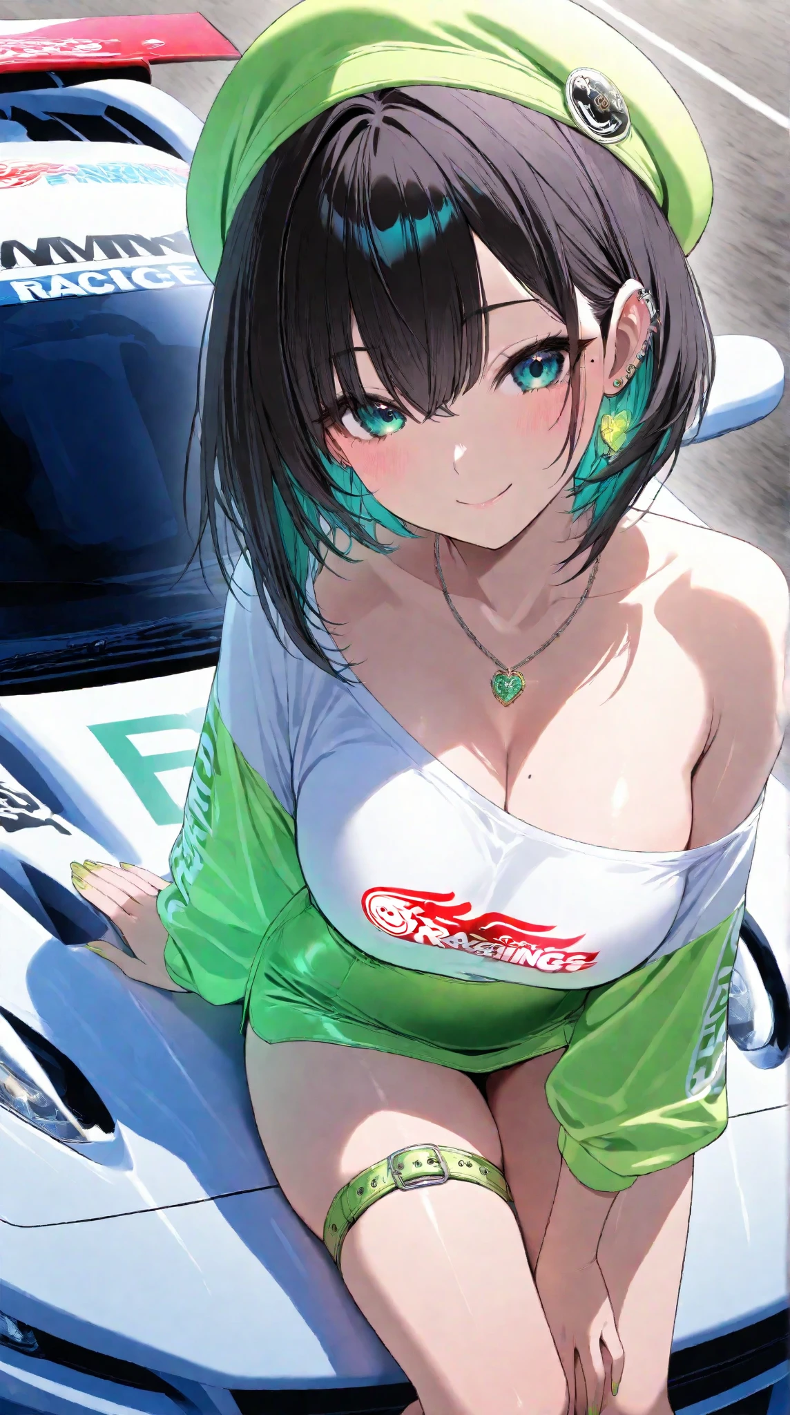 hiten kei style, claude monet, oil painting, (masterpiece, top quality, race queen, street lamp, park, outdoors, solo, detailed nipples, best quality, pendant necklace, official art, beautiful and aesthetic:1.2), (1girl), extreme detailed, colorful, highest detailed, arm band, orange hair, standing, official art, bangs, unity 8k wallpaper, ultra detailed, sports car, beautiful and aesthetic, beautiful, masterpiece, best quality, glitter drawing, necklace, aqua eyes, topless, nipples, stomach, sleeveless, bare shoulder, race queen skirt, visor hat, smiling, medium breasts, huge nipples, outdoors, rib bones, low ponytail, gold bracelet, umbrella, open mouth, laughing, orange hair