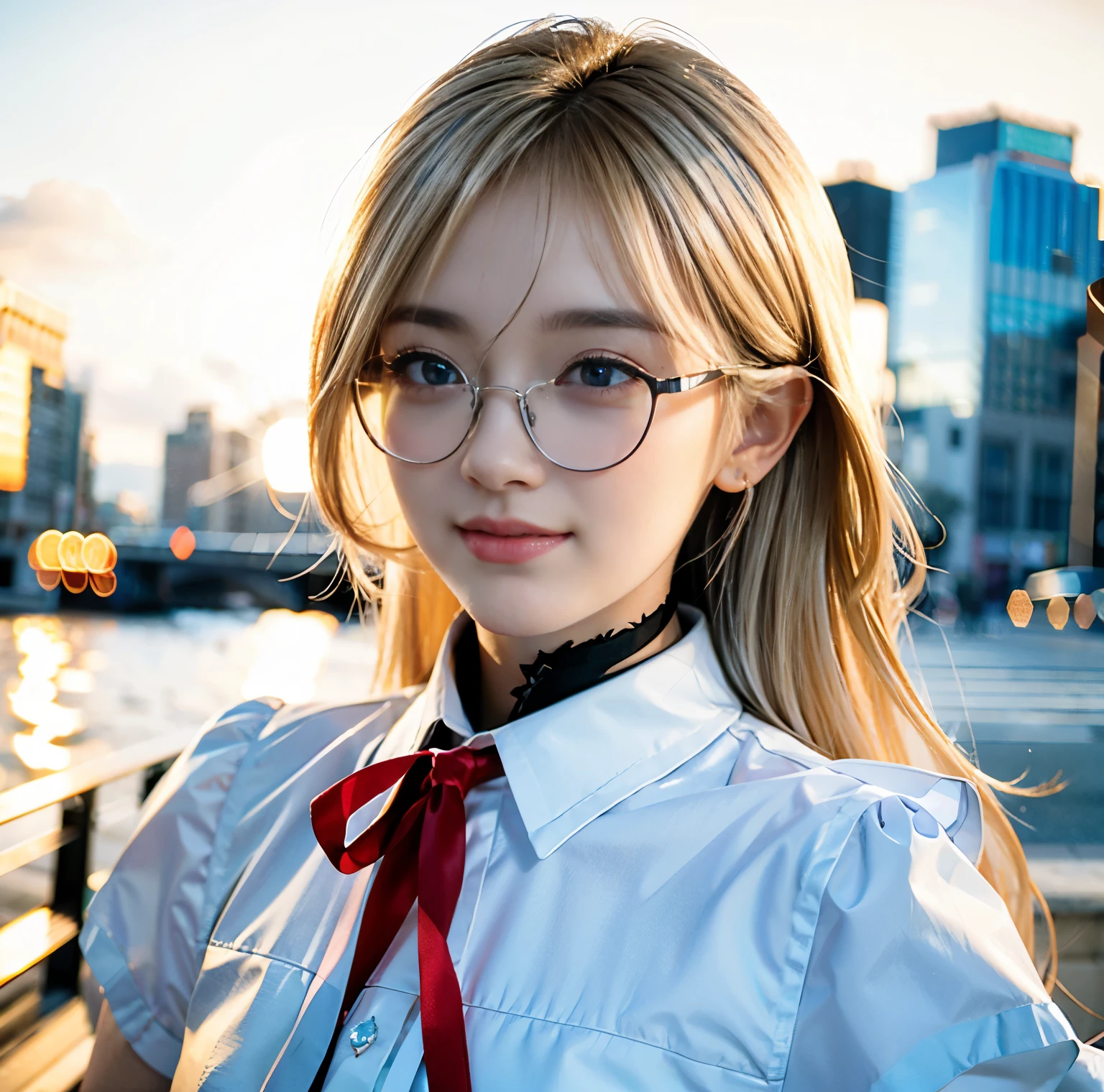 8K quality, pictures, Two beautiful men and beautiful women, Beautiful like a goddess, in the city where the backlight of the intense sunset is dazzling, From the neck up, Red thin string ribbon tie on the collar, (Fine silver glasses:1.3), (Brilliant, beautiful, bright blue eyes:1.2), (Blonde hair blowing in the wind), White Porcelain Whitening Skin, has bangs, super big , Photograph, look at the camera and smile,