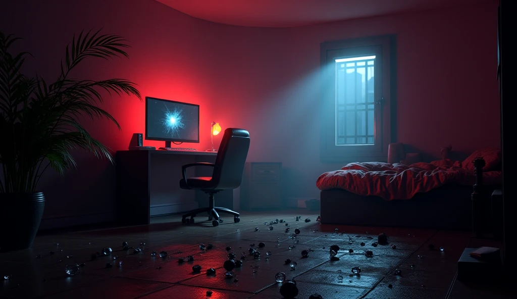 There is a person sitting in front of the screen, His hand hangs above the computer keyboard, Pierced by many metal spikes growing in the keyboard,Bright red blood flowed