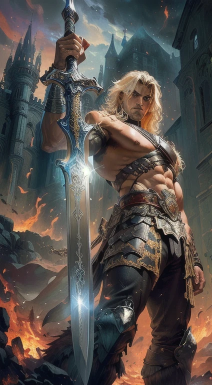 8k, sophisticated, elegant, highly detailed, majestic, digital photography, surreal painting, magic, magic, fairy tale, (Masterpiece, side light), hdr, (Bright blue eyes), Naked upper body, (shiny tattoo), Handsome adult man, long beautiful straight platinum hair below the shoulders, a long neck. athletic body, beautiful proportioned male figure, tanned skin, Handsome, in front of the camera - just a masterpiece. realistic. a full-length image. Long hair below the shoulders. grey clothes. He holds a large silver sword in his hands. a well-proportioned male body