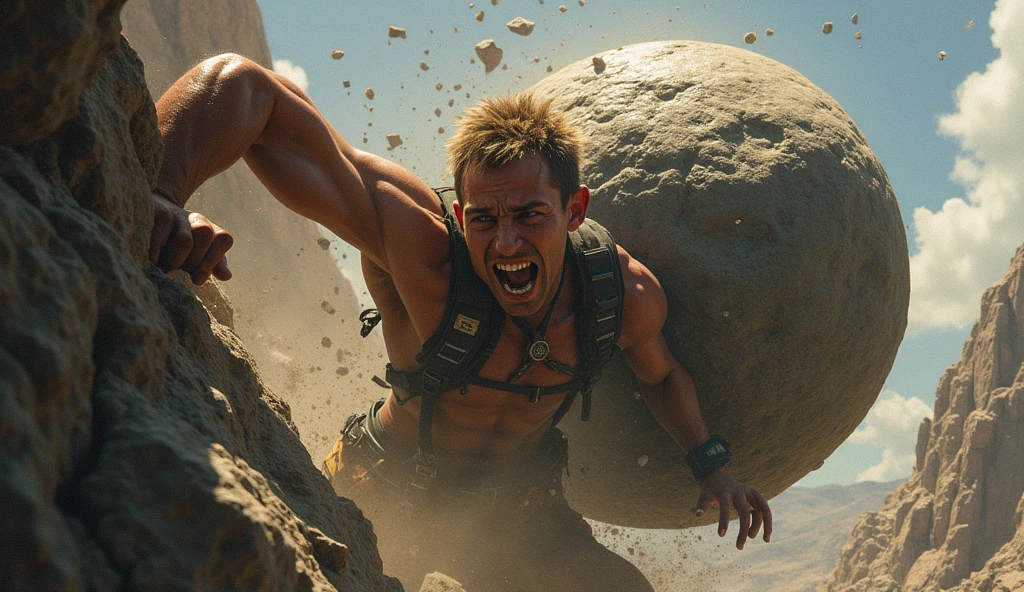 Create the image of a 17-year-old half-elf boy wearing torn clothes after an intense battle, he has green eyes and blonde hair, his skin is white put him in a full-body photo battle pose, set in an arena inside a cave,  {rpg, fantasy}