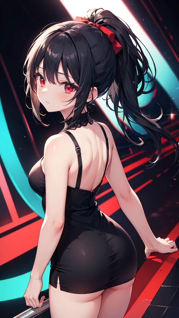 (masterpiece, best quality, absurdres), 1girl, solo, solofocus, black hair, long hair, green eyes, adult, super closeup, ponytail, grey tuxedo, outdoors, night, neon signs, las vegas, medium breasts, smile