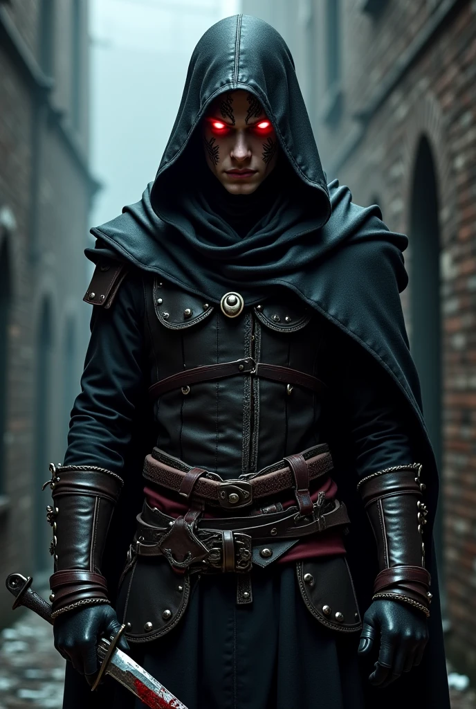 "Dark elf assassin, glowing red eyes, hooded cloak, leather armor with silver trims, standing in a misty alleyway, blood-stained dagger in hand, intricate tattoos on face, dramatic chiaroscuro lighting, dark medieval style, 4K, ultra-detailed, cinematic portrait" 