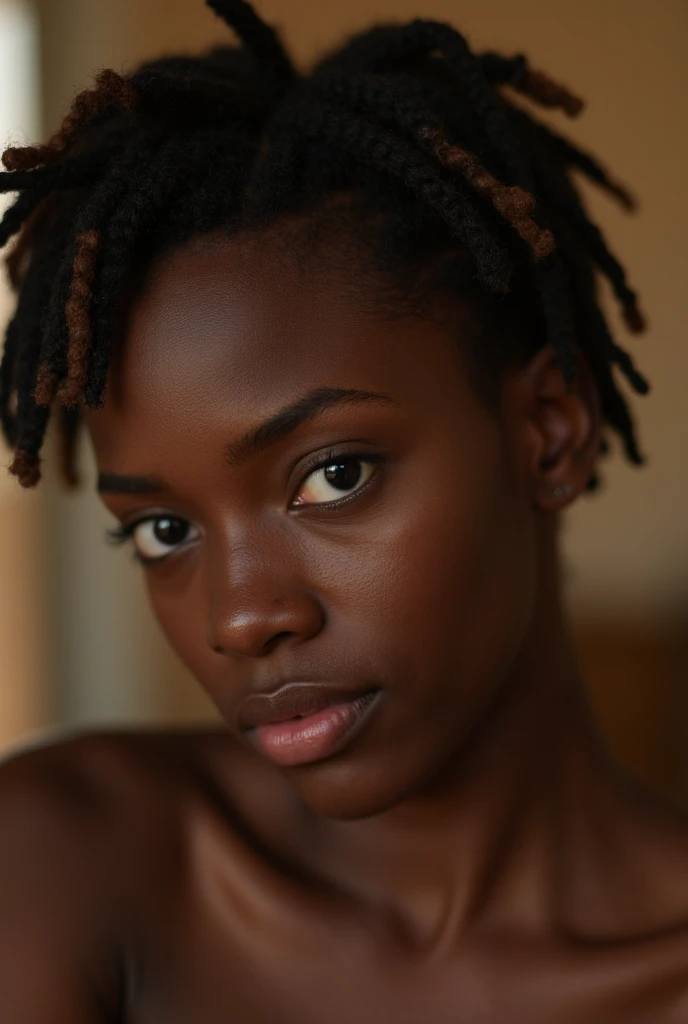 An exquisite portrait of a black African woman with deep ebony skin, Photography captured in stunning 8k resolution and raw format to preserve the highest quality of details. The beauty of women is undeniable, her face commanding the frame in a close-up that reveals the intricate details of her eyes. She wears a dress that complements her radiant skin, and her eyes are portrayed with meticulous attention to detail, showing the captivating depth within. The photograph is taken with a lens that emphasizes the challenge of your gaze, and the backdrop is a dark studio environment that highlights the soft colors of the scene. Lighting and shadows are expertly crafted to highlight the richness of your skin tone and the subtle nuances of your features..... Your red hair, with its distinct tone, adds a touch of warmth and contrast against your ebony skin. The interior environment adds a feeling of intimacy, while the freckles on your skin tell their own story. The overall composition captures its essence with authenticity and grace, creating a portrait that is a celebration of your heritage and beauty. Photography by challenge512, using the best shadow and lighting techniques, to create a mesmerizing portrait that transcends the visual.