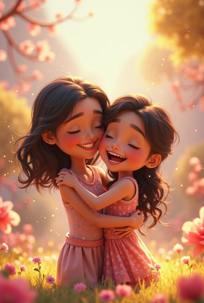 Create Disney Pixar Image, two friends hugging, 3d tight hug one with chubby body, brunette skin, black short hair, white blouse and black denim shorts, flip flop, relogio no pulso, And the other woman, skinny body, Caucasian skin, hair long black, Eyeglasses, redgown, black high sandals, Bracelet & Watch
