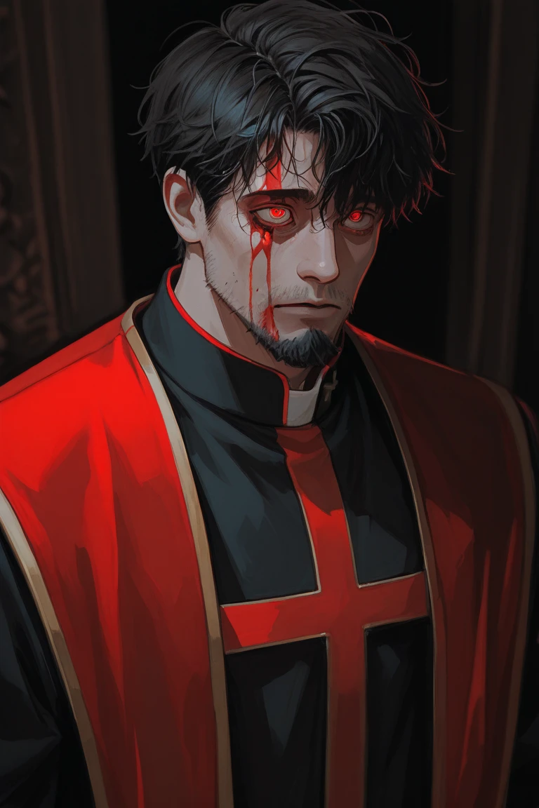 Priest with blood-stained clothes, with tears streaming from his face, holding a blood-stained book, dark aura, black hair, tall man