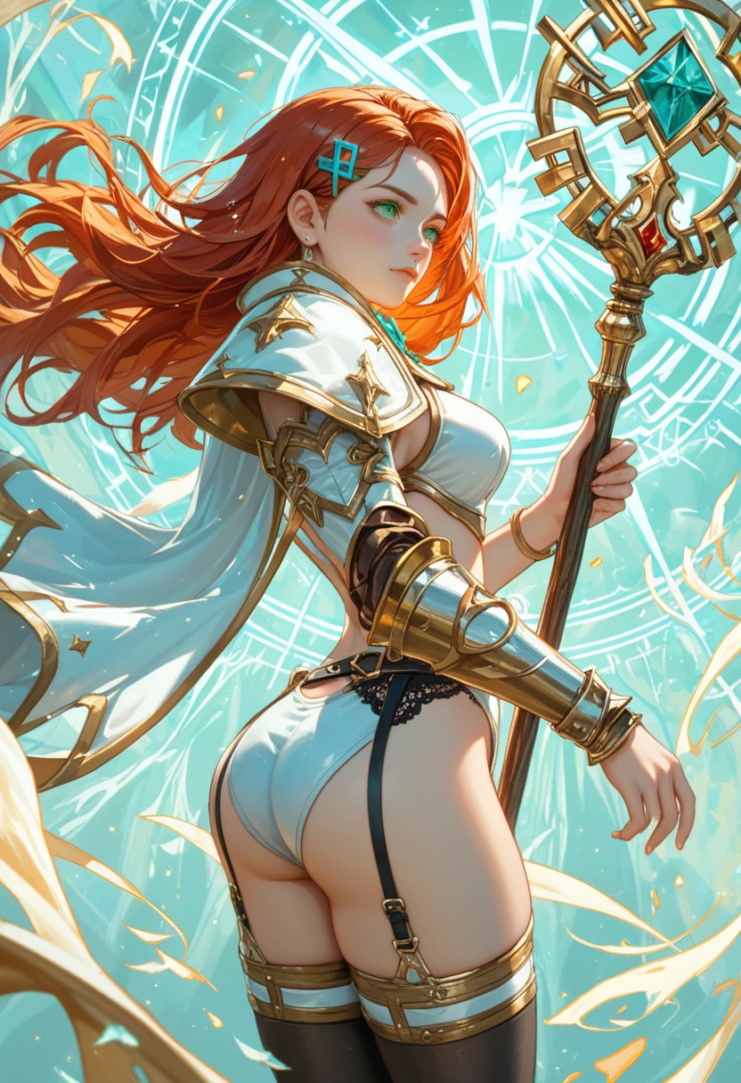(Obra maestra, La mejor calidad), mujeres con estilo sexy armadura de batalla, Corona futurista decorada estilo halo en la cabeza., (holding 1 decorated magic staff), cuerpo musculoso y grueso, boca cerrada, Cabello de corte medio, crimson hair color, flequillo, Cara delicada HD, figura de cuerpo gigantesco, mujer alta, grandes pechos gigantes, grande, enojado facial, larger areola, (invisible nipple and genital line), love shape pubic tattoo, walking away, Vista de cuerpo completo