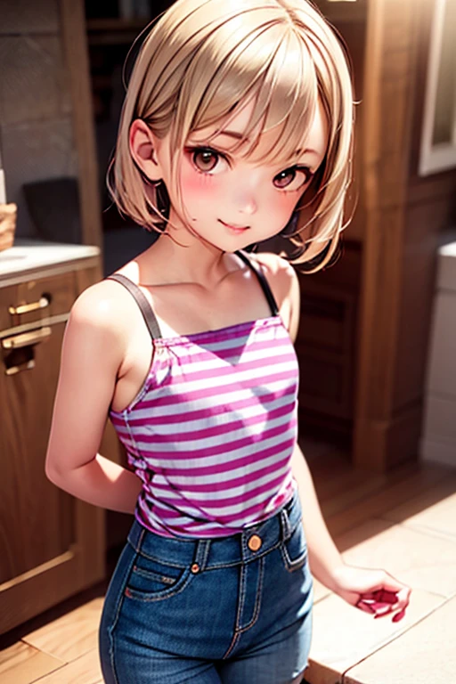 anime style、1 girl、Kagamine Rin、smile、random pose、(tiny chest:1.1), camisole、denim pants