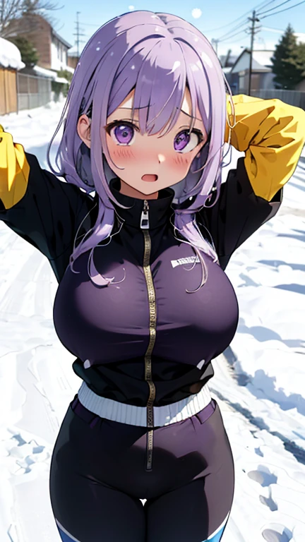mastute piece,Best Quality,insanely detailed,8k cg,nsfw,
(shoot upper body:1.3),
(1girls:1.3),standing,looking at viewr,body in front,both arms behind back,(ski-wear:1.3),(bare breasts:1.2),(bare nipples:1.2),
break,
blush,shy,(ecstasy face),(trembling:1.2),break,(light purple hair:1.3),
break,
perfect breasts,perfect teats,(open mouth:0.9),(large breasts:1.2),
(ski-slope,snow)、スキー場、
