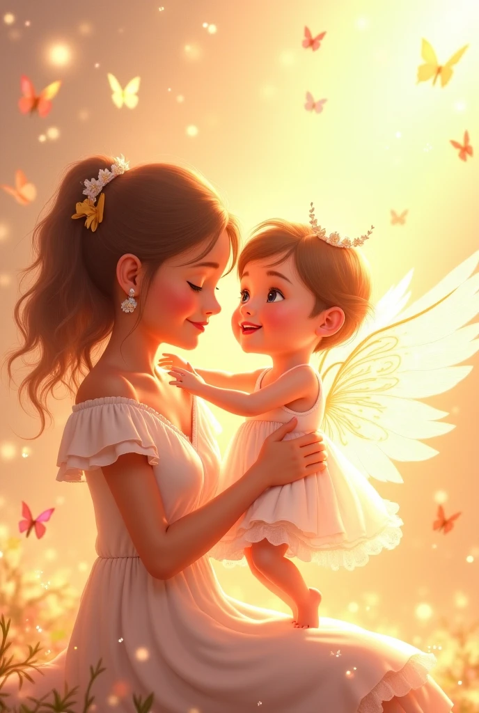 Brunette mother throwing up in the air, his dark blonde hair waved child.With angel wings
Make a great nose, really big one.In the mother
Make the mother's nose even bigger