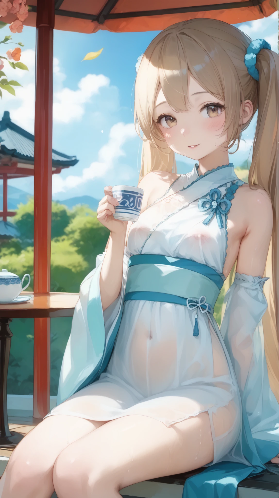 perfect anatomy:1.5、(((Japanese woman, Japanese girl))), 2A 0 year old girl drinks tea with a、cute face、cute girl, light brown eyes showing armpit sweats:1.3, white large sheer hemp dress, Sleeves that hide up to the fingertips , Big sleeves, (((White sheer dress:1.heer fabric dress:1.7, Seemingly invisible eroticism, nipple:0.5,))), brown hair, straight long hair sitting in a gazebo, Tyndall phenomenon, realistic, Shadow Studio ,Ultramarine、illumination, Dual tone illumination, (skin with attention to detail: 1.2)、薄Dark illumination、Dark illumination、 pictures, high resolution, 4K, 8k, blurry background,BEAUTIFUL FADE OUT、break, break,Western-style garden、Drink tea while sitting in a gazebo、Drink tea with Hatsune Miku character mugs、Tea confectionery