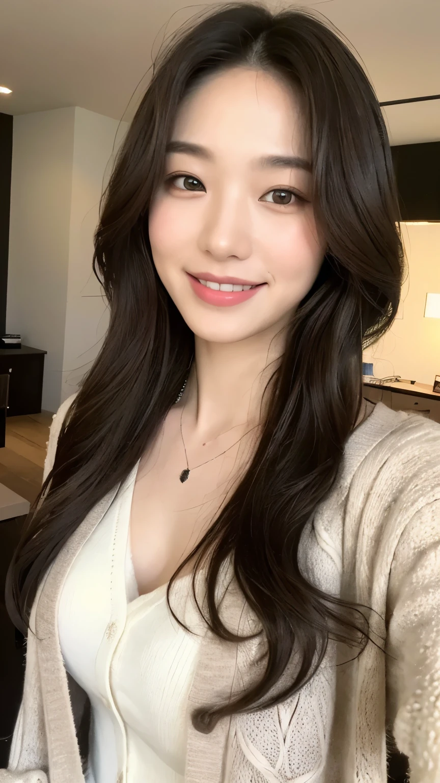 ((Best Quality, 8K, Masterpiece: 1.3)), 1girl, Slim Abs Beauty: 1.3, (Casual hairstyle, :1.2), Loose dress, super fine face, Delicate eyes, Double eyelids, smile. Take pictures in cute poses, very low figure, small waist, big breasts, close-up, close-up, beautiful background