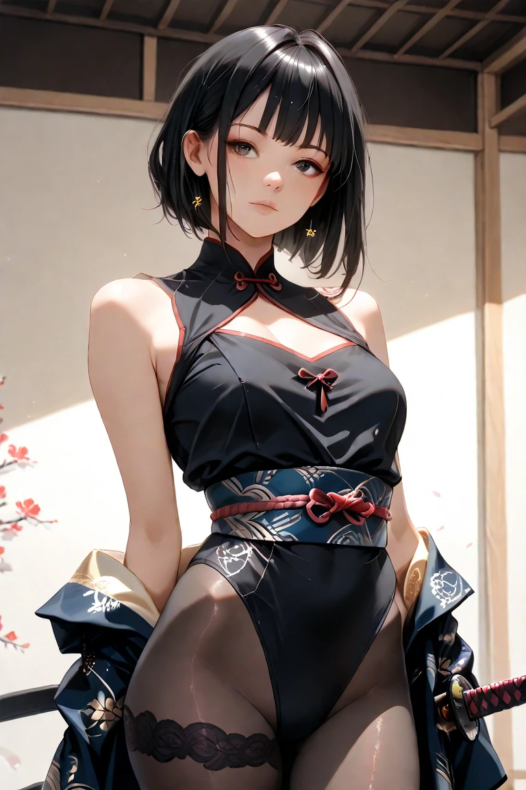 (Perfect Anatomy:1.4,top-quality、The ultra -The high-definition、hight resolution、extremely details CG、8K Unit Wallpapers),cowboy shot,portrait,1woman,solo,20 year old beauty,Japanese,((Beautiful detailed eyes)),brown eyes,crying,brown hair,long hair,bangs,sitting, M type spread legs:1.5,((torn clothes:1.5,short black cheongsam dress、no sleeve、deep slit,damp crotch、black panties)),、kung fu dojo、natural sunlight、