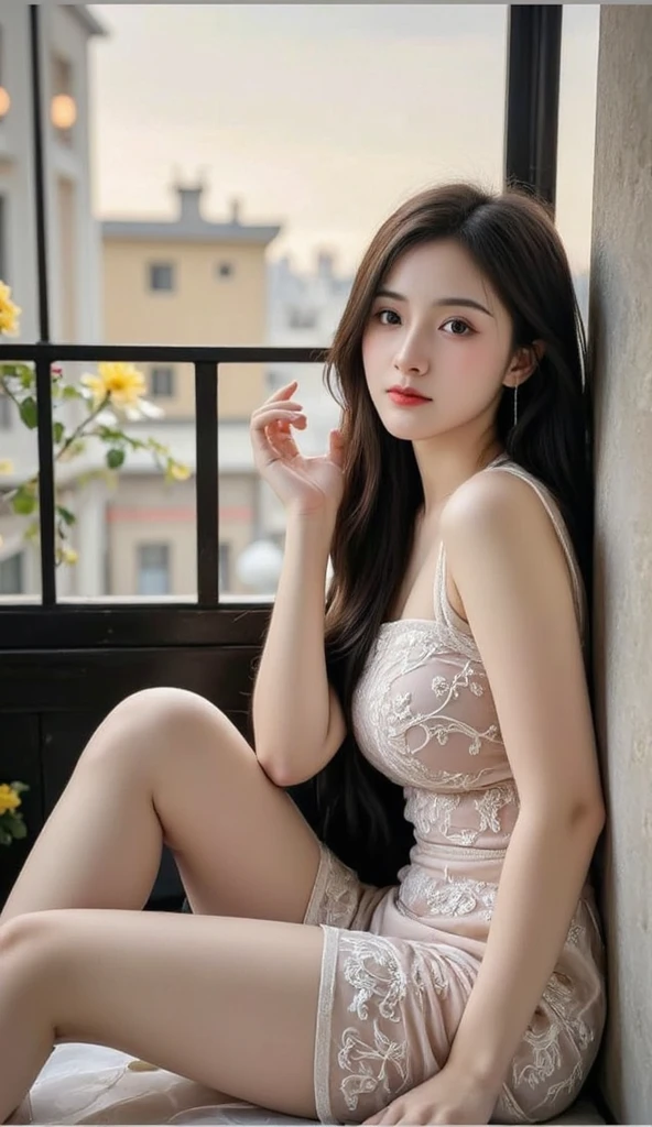 realistic, best picture quality, masterpiece, Ultra-high resolution 8K,Maxim cover model, Asian girl standing full body, (look straight ahead at the camera), Pink see-through collar shirt, ((Very big)), ((No Braza)), Crisp breastbone, Big and firm breasts, The nipple, Wearing white translucent T-panties, beautiful, perfect camouflage, his long hair blowing in the wind., That person's body is wet, laugh, smile, happy expression, (Natural countryside with old thatched houses with yellow and red flowers blooming everywhere). The sun shone brightly., earring, pendant, Video clarity 8k, Shooting with a high-definition camera 45,000,000 pixels, Between legs, Spread your legs, Camera starting from below, very erotic pose, woman who wants to have sex,