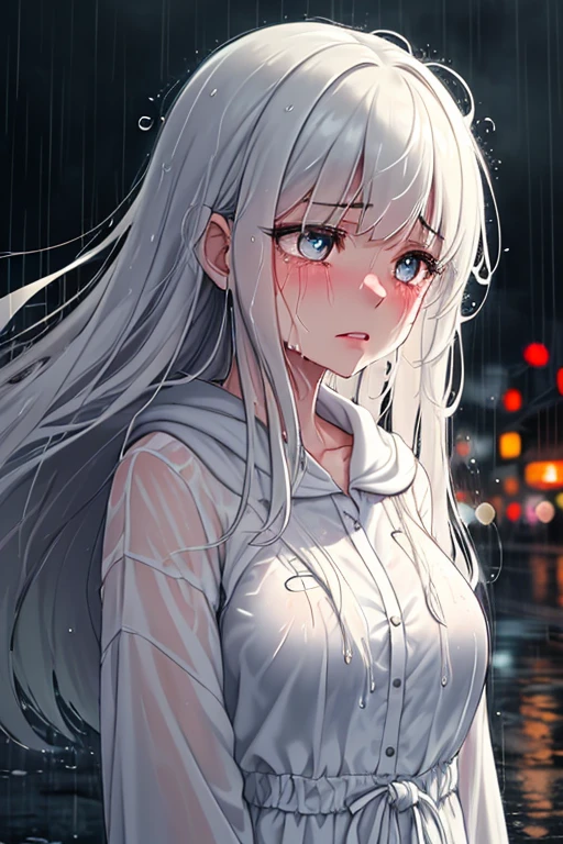 In a rainy night town, The soaked girl, Collapsed to my knees, I looked up at the sky and cried, Are crying, Mouth wide open, Looking straight up, I&#39;m screaming out of my mind, Denim Leggings, Desperate scene, Giant moth in the sky