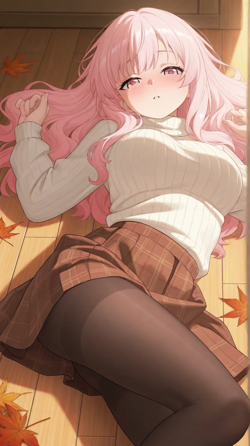 (Masterpiece), (kawaii:1.4), A girl, smiles,(Green tartan plaid dress in cardigan:1.2)open-fronted jacket, thighhighs, (large tasty, large breasts), (deep red eyes), (Pale pink hair, forehead, low twin tail), shot from the grand, from below, dynamic Pose, autumn background, Ultra-detailed background, high contrast, autumn sky, autumn clouds, looking at the sky. Calm atmosphere, gentle smiles, mild climate.