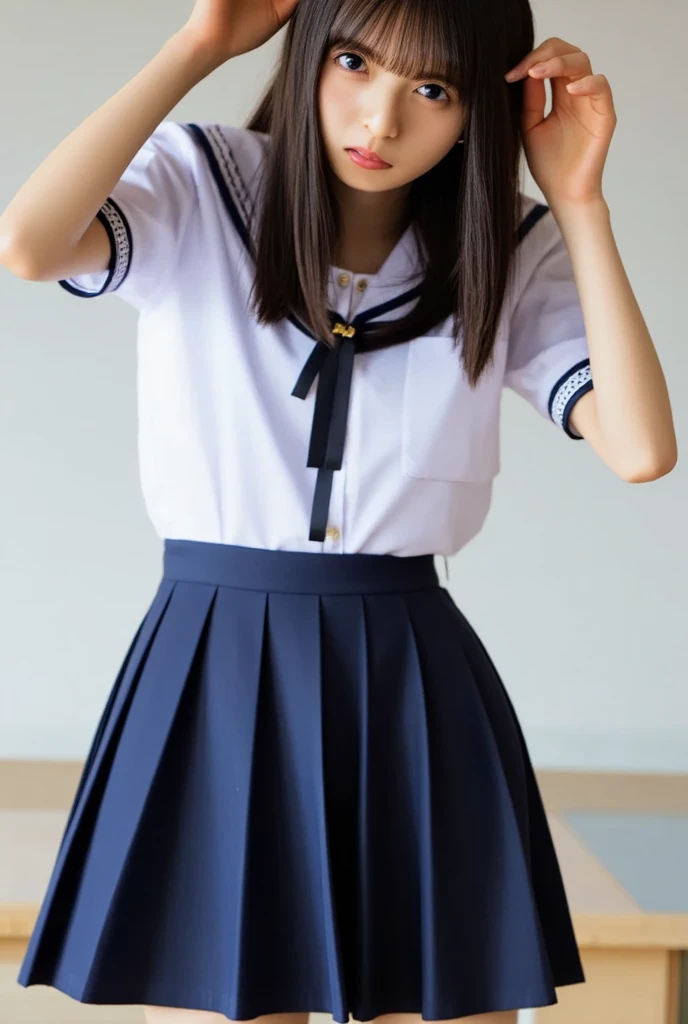 (((cowboy shot))),Ultra-high resolution,big eyes,(brown eyes),Japanese,(forehead),(a girl),(1 girl),((17 years old)),(cute),pretty,((facing at viewer)),grin,(((white school sailor uniform))),pleated skirt,sitting,thighs