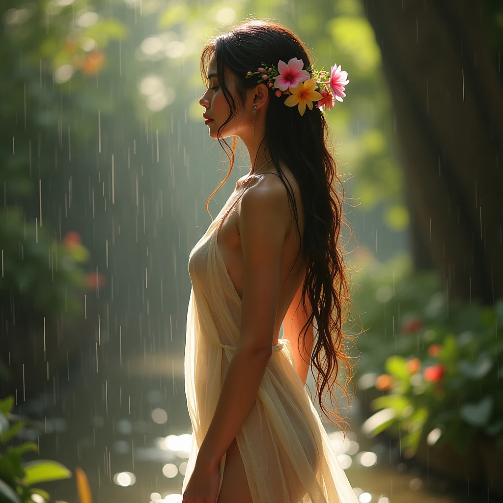 An elf woman, with transparent dresses, under the rain, with her wet body