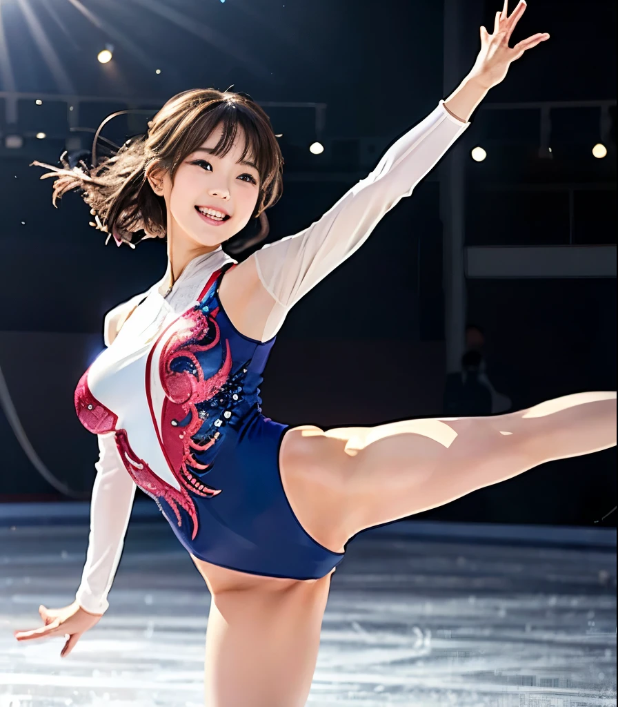 Realistic photo quality、A 20-year-old idol wearing a white sheer leotard,Elegant girl, Rhythmic gymnastics ribbon performance pose, White ribbon、Rotations and Curves, cute japanese model、looking at the camera、A soft and gentle look、Elegant and beautiful、Smile like the Mona Lisa、Relaxed facial expression