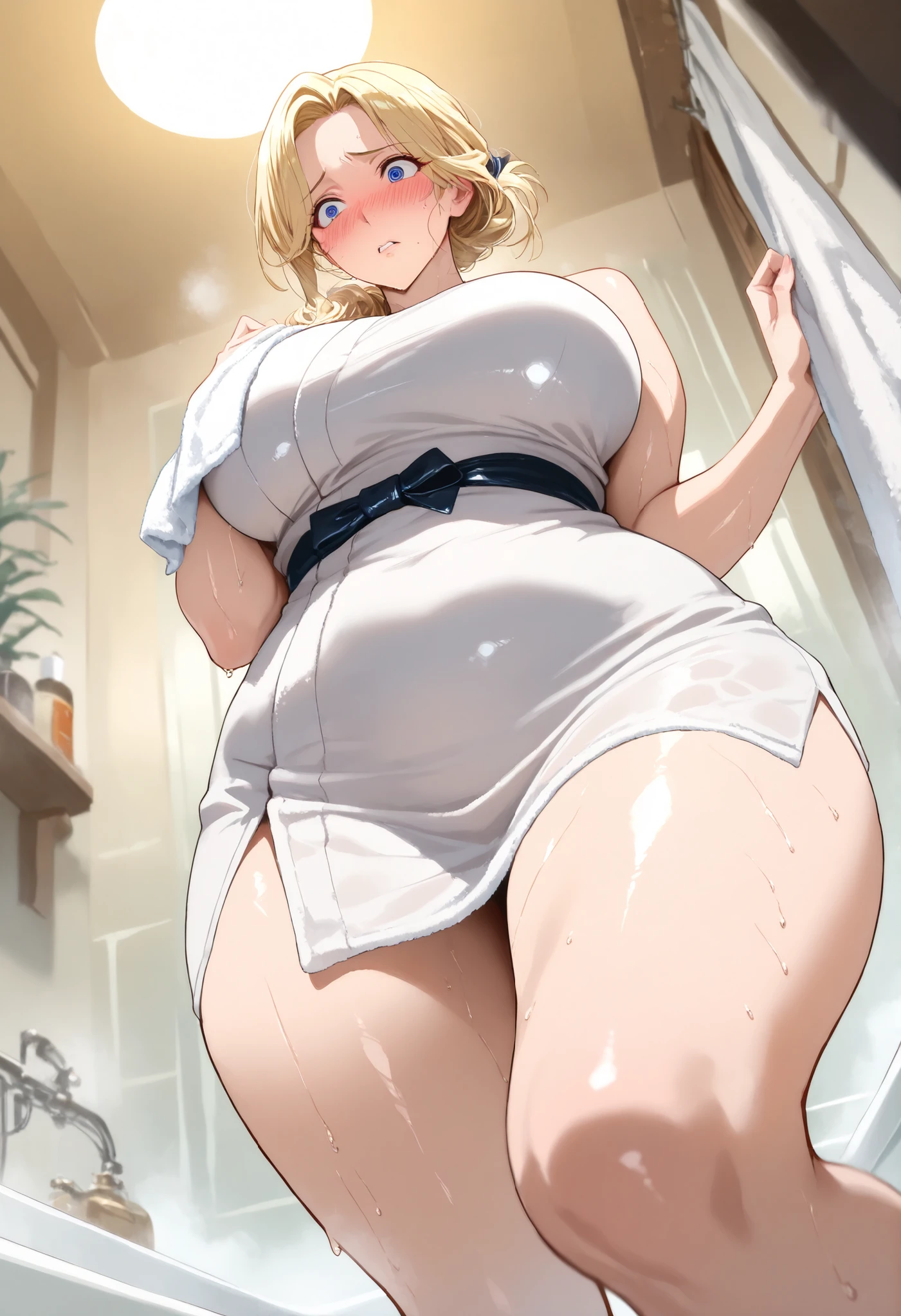 masterpiece, highest quality, (perfect face:1.1), (high detail costume:1.1), (highly detailed eyes), warm tone, a lovely mature woman, house wife, (soft leather kimono), Long blonde hair, (blue irises), hair tied up, wide collection, individual approach, Wear a short white towel, towel, bare shoulders,  bare arms, is standing in the shower, parted lips,  visible bathtub , has one foot in the water, curvilinear body, wide hips, big legs, big plump thighs, trasero regordete, embarrassed expression, sweat in front, angle from below, blush, breasts, dynamic angle, taken up close, blurry eyelids , vapor, 