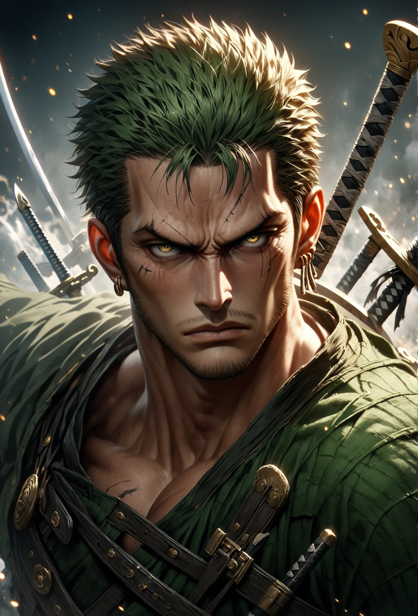 "Fusion between Wolverine and Zoro from One Piece, combining the best of both characters. Please include unique facial features, clothing and equipment details, dynamism in the pose, and an epic background that reflects your incredible power and abilities. The image quality should be top-notch, with a prominent lighting and shadow style that makes the blend visually stunning."