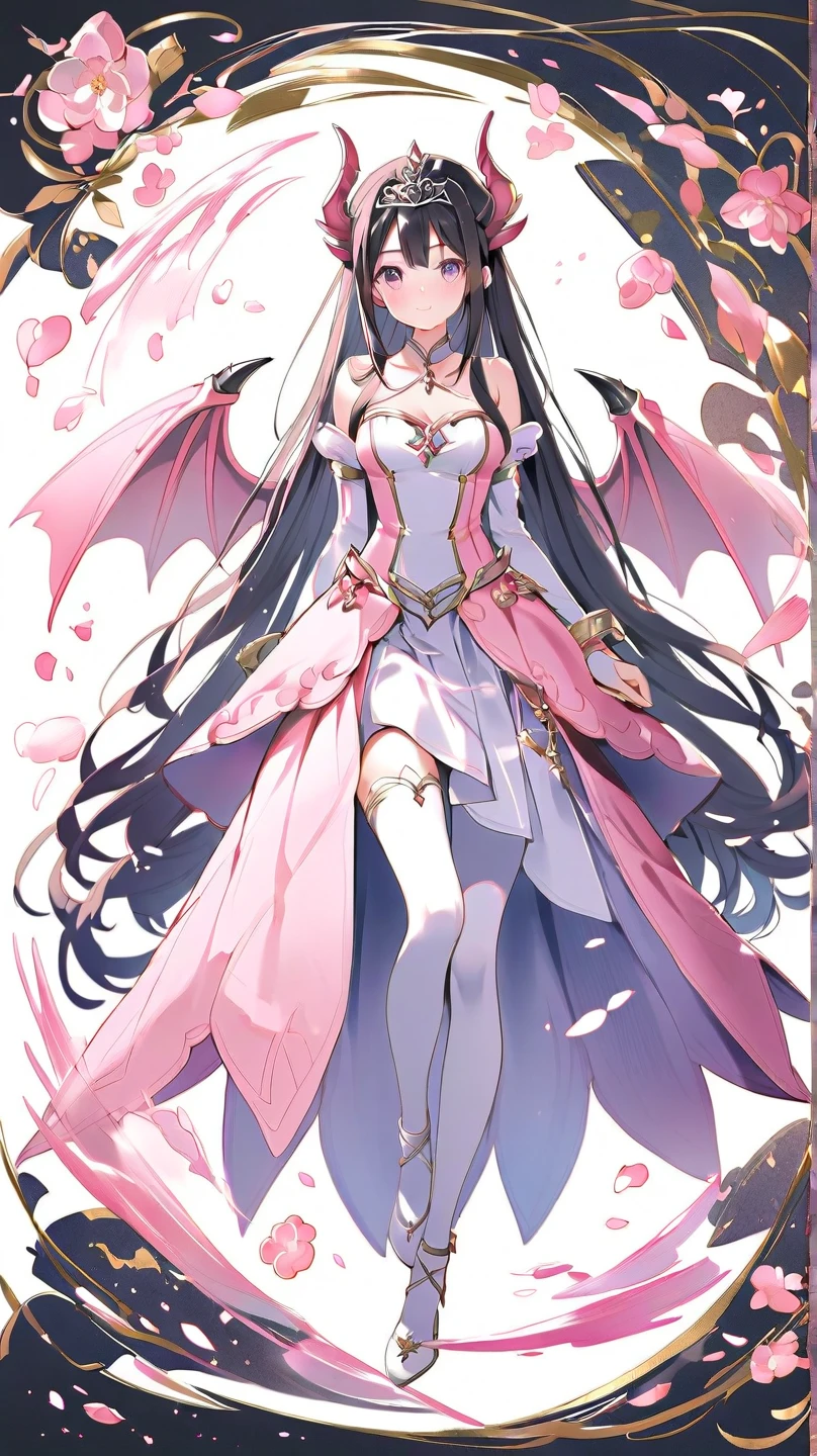 ((best quality)), ((masterpiece)), (detailed:1.2), perfect face,1girl, anime girl, white dress, long dress, stand up, beautiful girl,anime succubus, beautiful succubus, wings, demon wings,tail, pink tail, succubus with long dress, white dress, white skirt,white hair,(hair:1.2), red right eye, blue left eye,stand up, looking at viewer, cute,cute demon girls,very cute succubus,Stand in front of the Cherry blossom,bring a bouquet of flowers, wedding bouquets, white flowers,tails seductive,white stocking,open tail, super detailed,colorful,flower crown, crown on head, flower crown on head