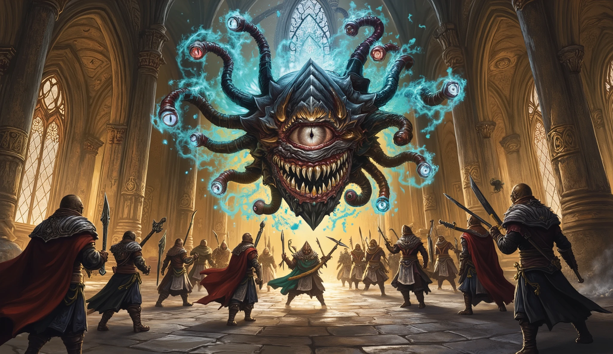 group of adventurers fighting a powerful beholder in the temple of light