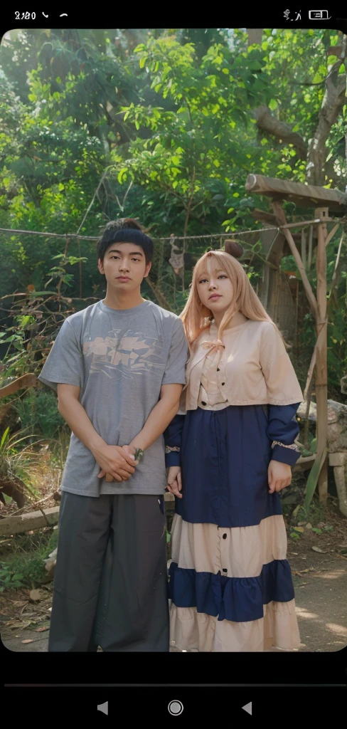 <lora:japanese80s:1> japanese80s, photo \(medium\),1boy, 1girl, arm hug, bag, beads, blonde hair, blue eyes, brother and sister, casual, hand on hip, jacket, jewelry, looking at viewer, necklace, ravus nox fleuret, shopping bag, siblings, skirt, smile