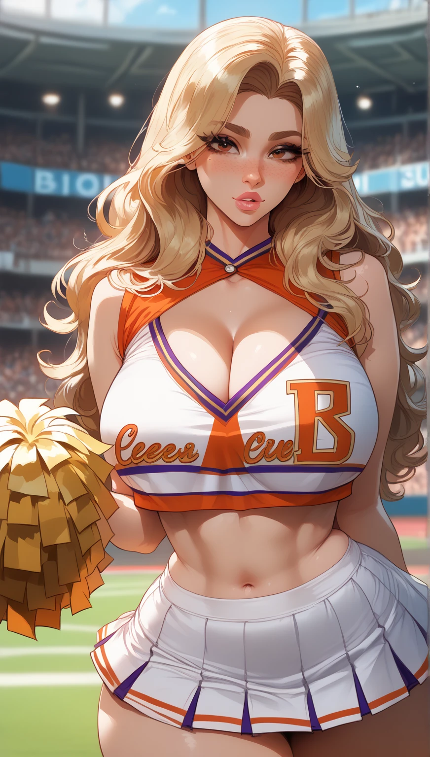 NSFW, ((1 female)), erotic, desire, desire, charm, sexy, mature body, despicable, big breasts, small ass, joy, Excited, Sweat, cheerleader, detailed and beautiful eyes, beautiful detailed lips, highly detailed eyes and face, long eyelashes, calm expression, soft lighting, Open atmosphere, stadium, Sweatを流して.