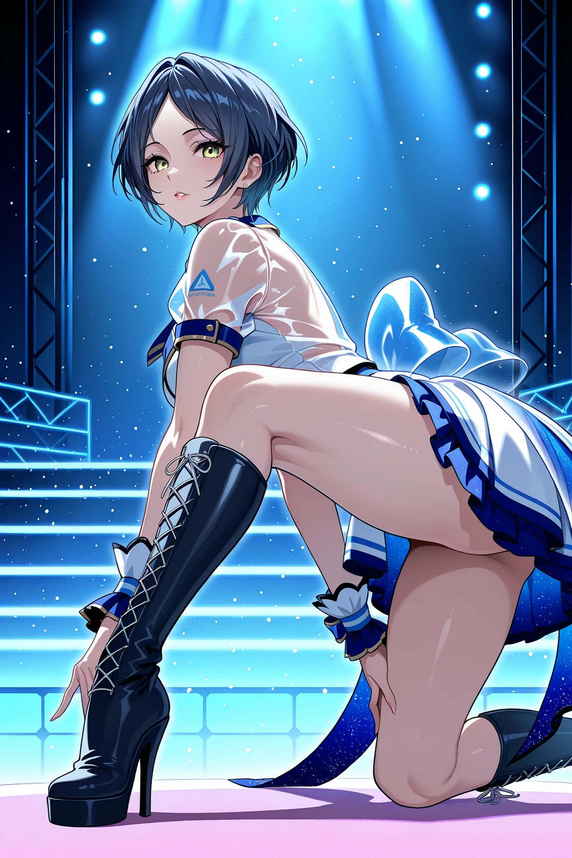 NSFW,(super fine illustration,8k cg wallpaper,highest quality,very detailed,ultra high resolution,best aesthetics,anime colored),(cowboy shot,From front),IdolMaster,(((anastasia)), (,beautiful girl,cute girl),(beautiful blue eyes),(beautiful silver hair), (((extra short hair))),((spiky hair)), ((((mullet hairstyle)))),(wet hair), (wet skin),((((white skin)))),((nude)),(slender),(small breasts), ((pubic silver hair:1.5)),(bsp, pussy juice dripping,pussy, pussy slip,no makeup, sweaty body),(no bra),(no panty), ((spread legs)),(((spread pussy:1.3))),((steam)),(scatter sweat),(embarrassed,smile), open mouths,(((one eye closed))),((tongue out)),deep breathing, feel good,indecency,spread legs, squatting,(Nice touch),((Bukkake, cum on body:1.9),(Bukkake, cum on face:1.9),((Bukkake, cum in hair:1.3),(((Female masturbation:1.3))),(Playing with yourself), put your finger in the Pussy,,(small chest:1.2), (stage,Spotlight:1.5), break((pubic silver hair:1.3)),(bsp, pussy juice dripping,pussy, pussy slip,no makeup, sweaty body),(no bra),(no panty), ((spread legs)),(((spread pussy:1.3))),(sex,cowgirl),,(blue idol dress:1.5),(open clothes),(wet clothes),look at camera,peace sign:1.5,