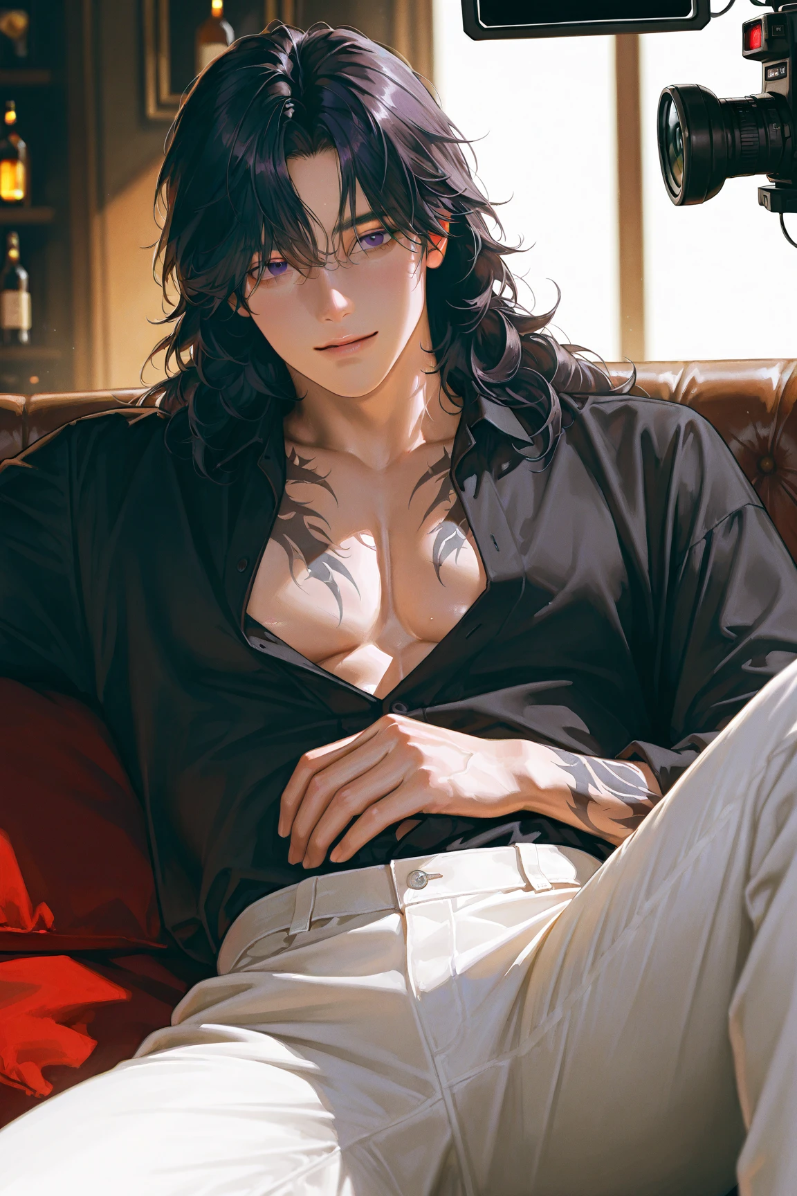 (absurdres, highres, ultra detailed), 1 male, adult, handsome, tall muscular guy, broad shoulders, finely detailed eyes and detailed face, black very long hair, gray eyes, handsome, fantasy, gothic, wolf ears, wolf tail, Sunlight, Fantastic light and shadow, Scenery, portrait, vampire fangs, open mouth, sexy, attractive, full body, tongle, no clothes, no shirt,, Dog Collar, bangs, cute face, sitting on the couch, black leather pants, no shirt