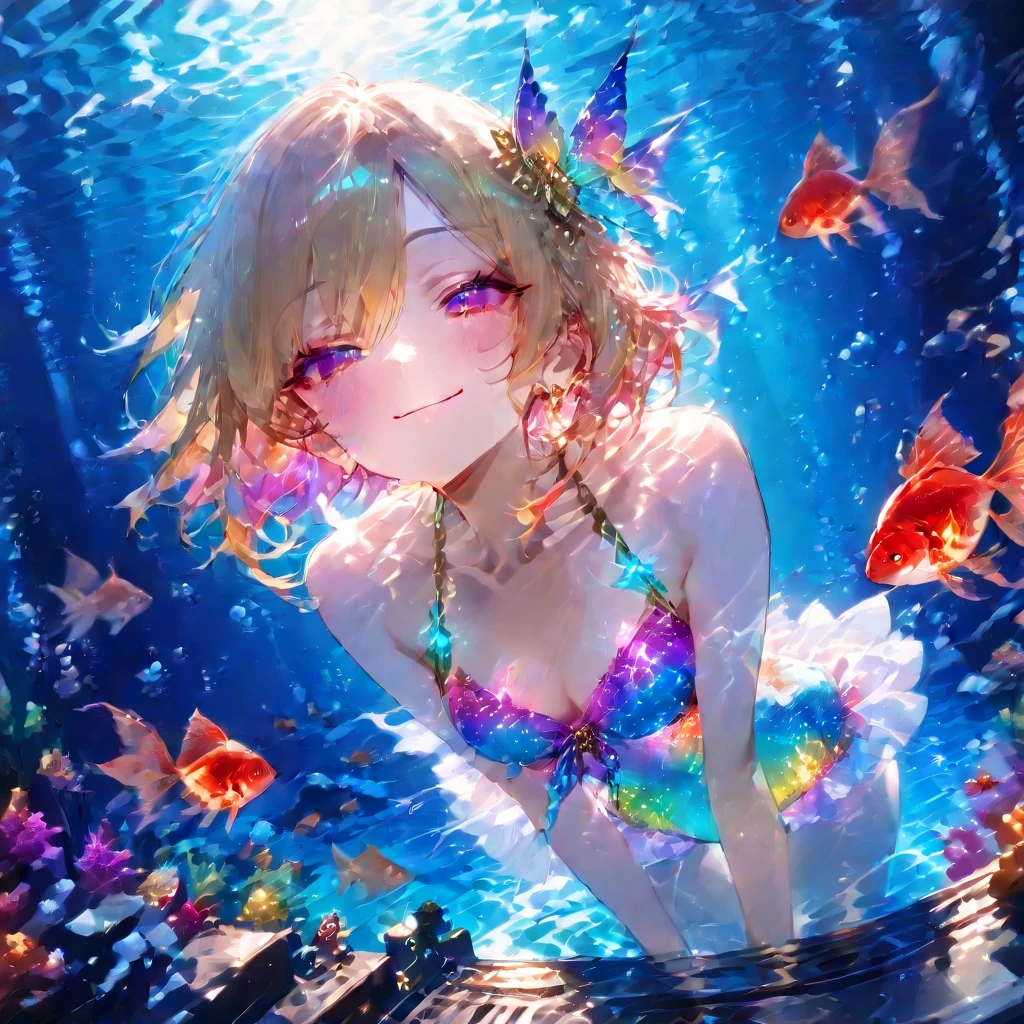 hitenkei style, claude monet, oil painting, mermaid, ((topless)), nsfw, masterpiece, underwater, coral reefs, schooling fish, 1 girl, erect nipples, intricately detailed, navel, bare shoulders, blonde hair, pearl necklace, fin hair ornaments, under sea, extremely detailed, bare breasts, puffy nipples, blue eyes, bare stomach, soaked, medium breasts, arm strap, swimming, teen, soft eyes, smiling, armpit, happy, half open eyes, lusty eyes, blushing, long hair, side bangs, forehead, whole body