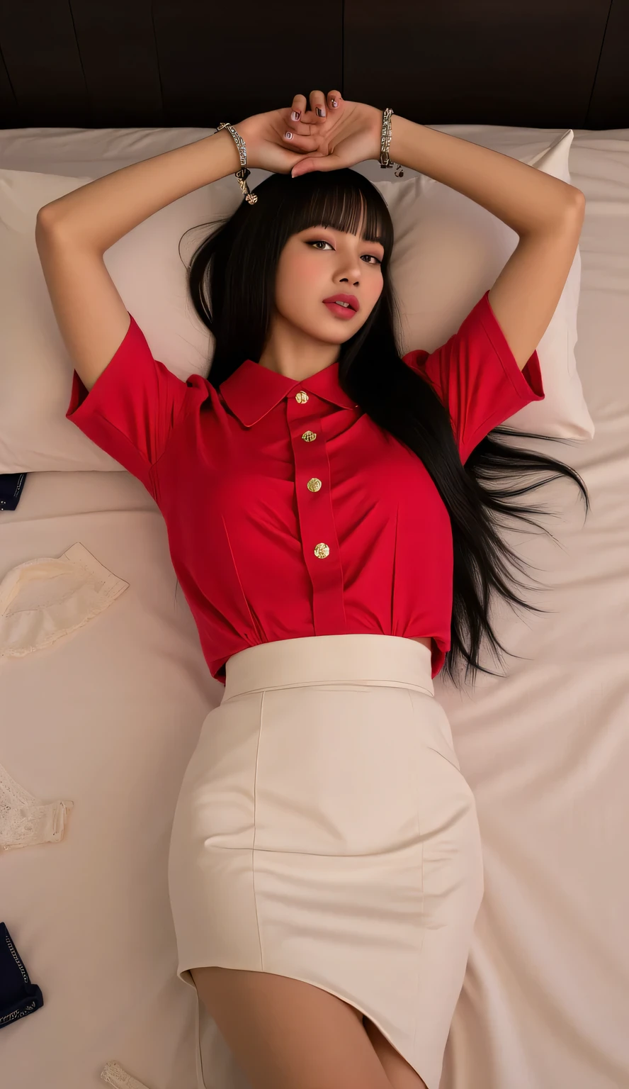 1girl, smiling korean woman, long curly hair, korean woman lying in bed, night, full body, white lace underwear, orgasmic expression, sexy pose, closeup, 8k, raw photo, best quality, masterpiece, realistic, photorealistic