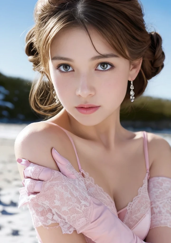 Detailed face, Detailed eyes, Perfect facial detail,, from the front side, 1girl in, teenager, Young Girl, Teen Girl, age 15, 1人, Adult, maturefemale, average breasts, Beautiful lingerie, (Brown hair:1.2), , Exposed complexes (Pink:1.5) ballgown, , (Long ruffled elbow gloves, Lace thighs, high-heels:1.15), (updo hair:1.3), On a snow-covered beach Ultra high-definition images,
