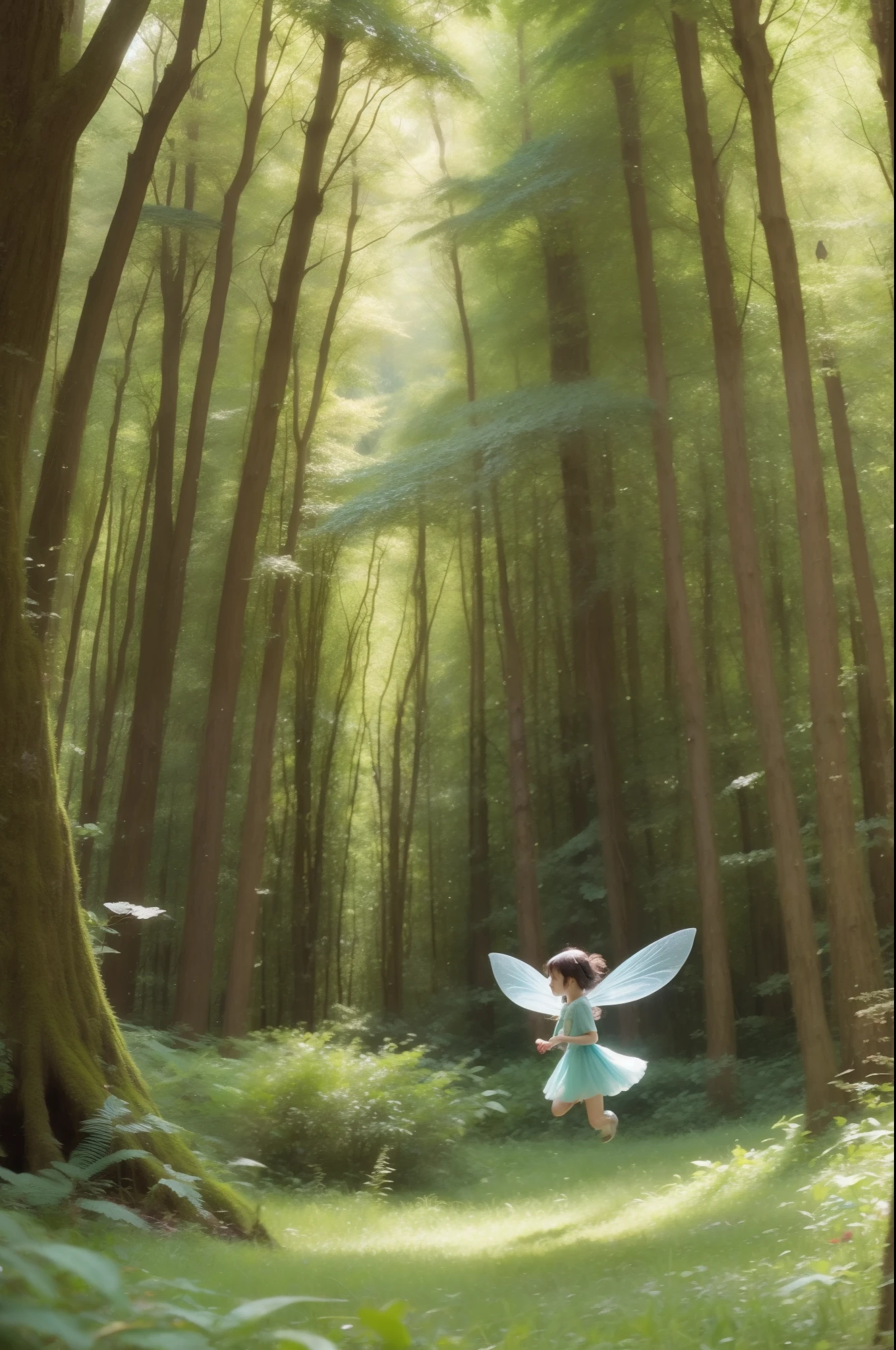 A very small fairy is flying in the forest of giant trees、Fantastic World、Soft Focus、masterpiece、top quality