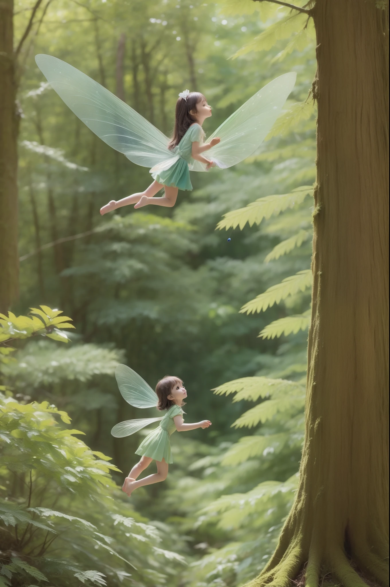 A very small fairy is flying in the forest of giant trees、Fantastic World、Soft Focus、masterpiece、top quality