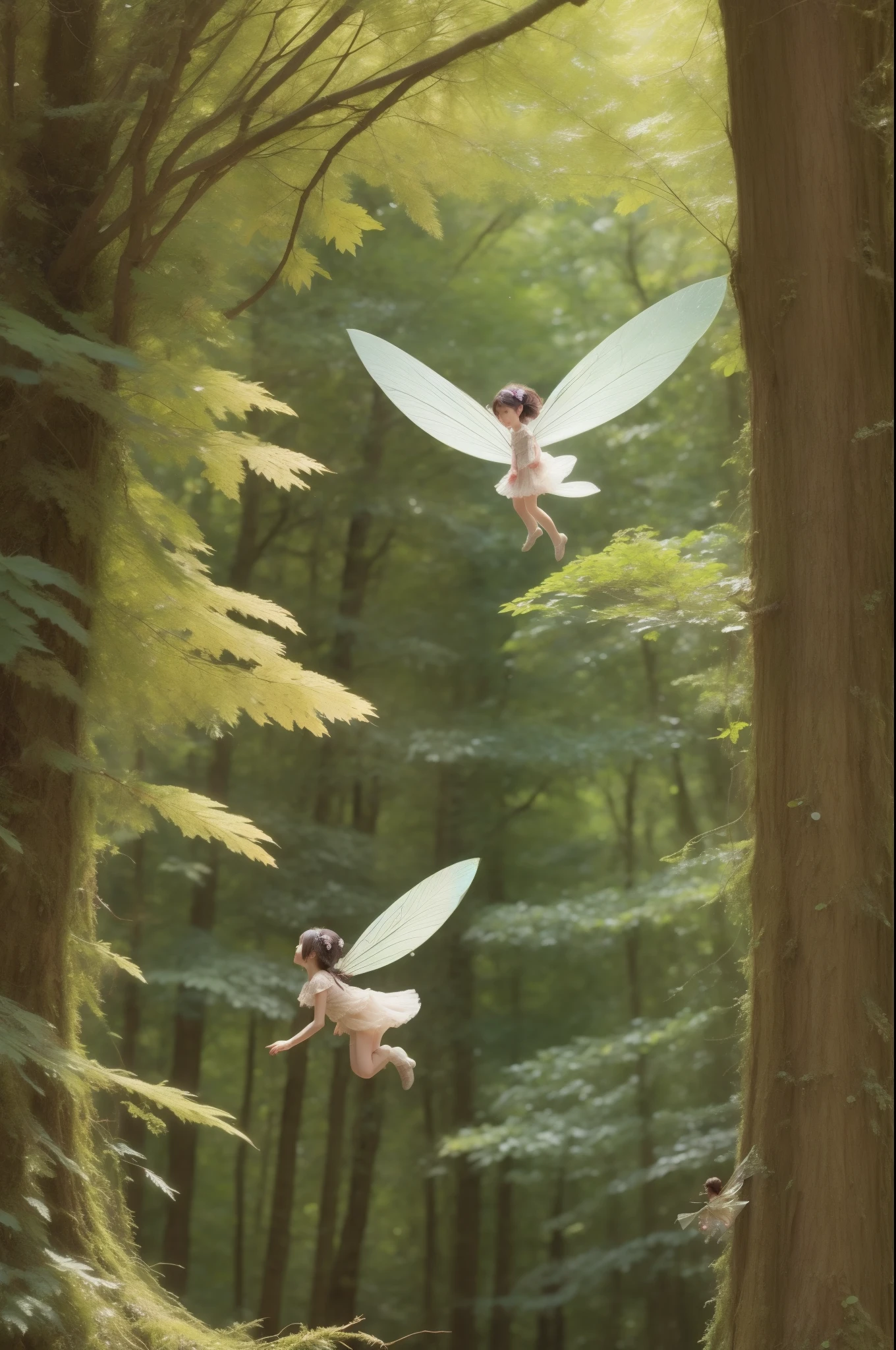 A very small fairy is flying in the forest of giant trees、Fantastic World、Soft Focus、masterpiece、top quality
