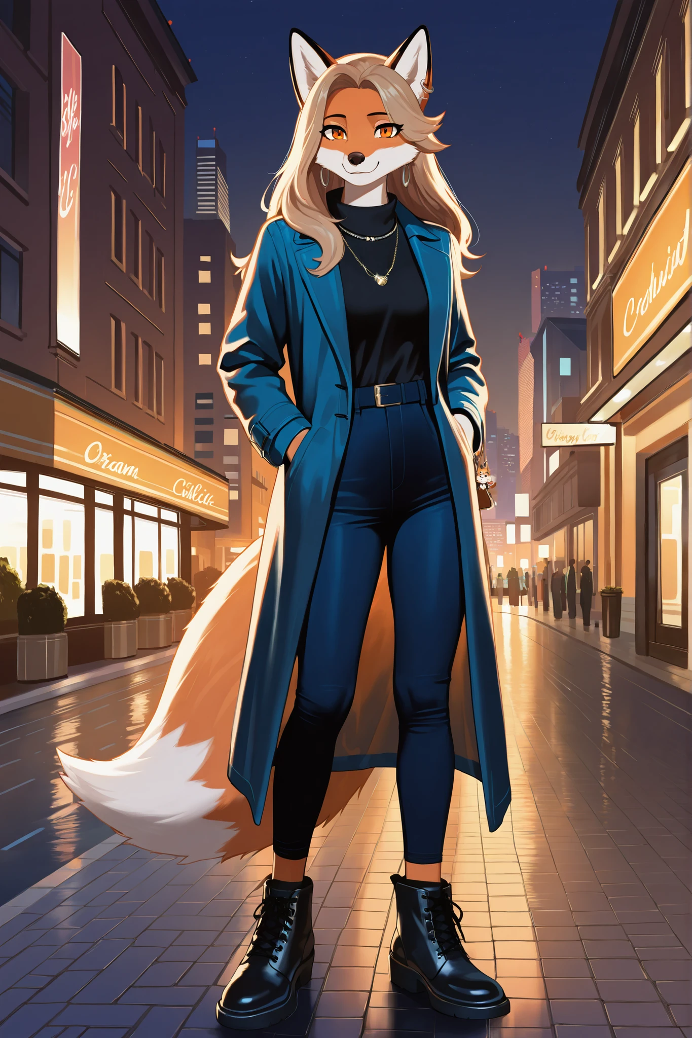 solo, 1boy, A young, delicate anthropomorphic female fox with vibrant orange fur and perfect eyes. Long hair. She has a slim, graceful build and a confident, outgoing expression. She’s wearing casual city clothes—stylish but cozy—including a long, fitted coat (light brown or tan), paired with leggings or jeans and ankle boots. She has a fashionable necklace around her neck and small earrings, adding charm to her bold personality. Her posture is lively and confident. The background is a city at night, warm softly illuminated streets. Style: clean lines, soft shading, vibrant lighting with a cool nighttime urban vibe.