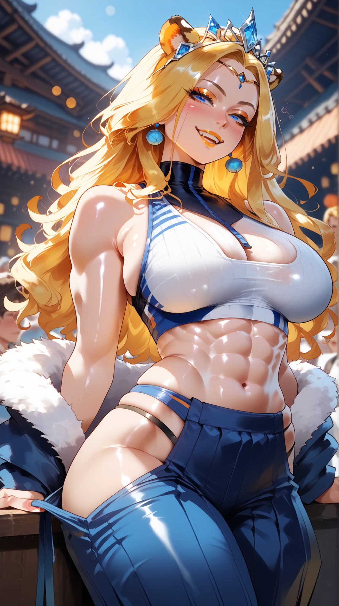 One girl, solo, Big round breasts, clevage, curvy body, realistic, blonde hair, light green eyes, amazing big eyes, eye details, eyebrow details, white crop top, denim skirt, big lips, blush, smirk, HD, good quality, crop top, whale tail, big ass