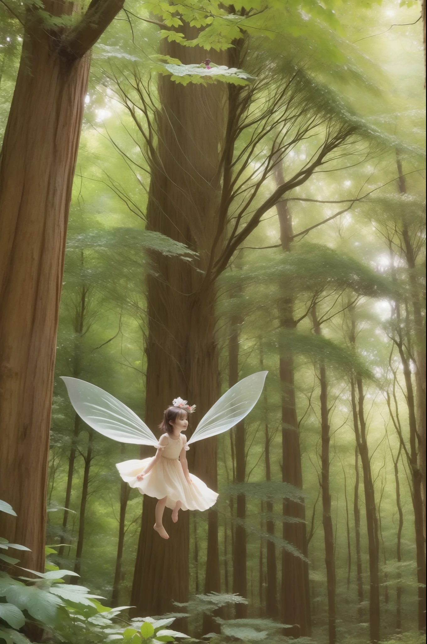A very small fairy is flying in the forest of giant trees、Fantastic World、Soft Focus、masterpiece、top quality