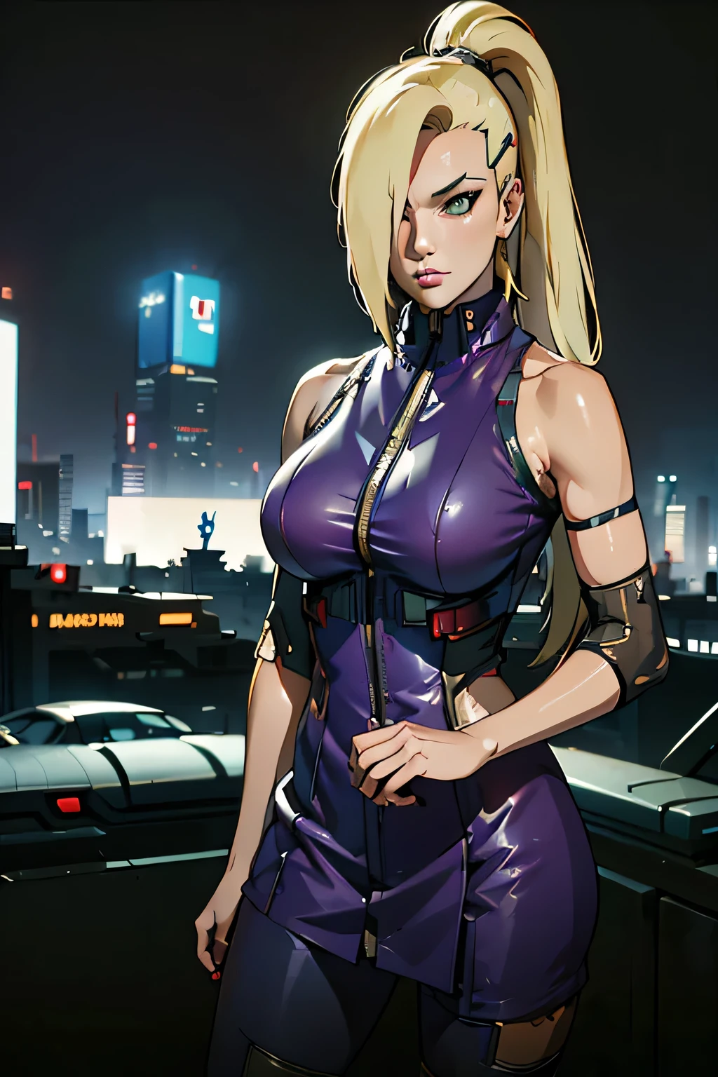 Masterpiece, stunning realistic, best quality, ino yamanaka, blonde hair high ponytail one bang cover her eye, wearing black sleeveless cyberpunk clothes, in a cyberpunk city, cyberpunk world, showing her armpit, in the middle of cyberpunk city filled with cyberpunk building