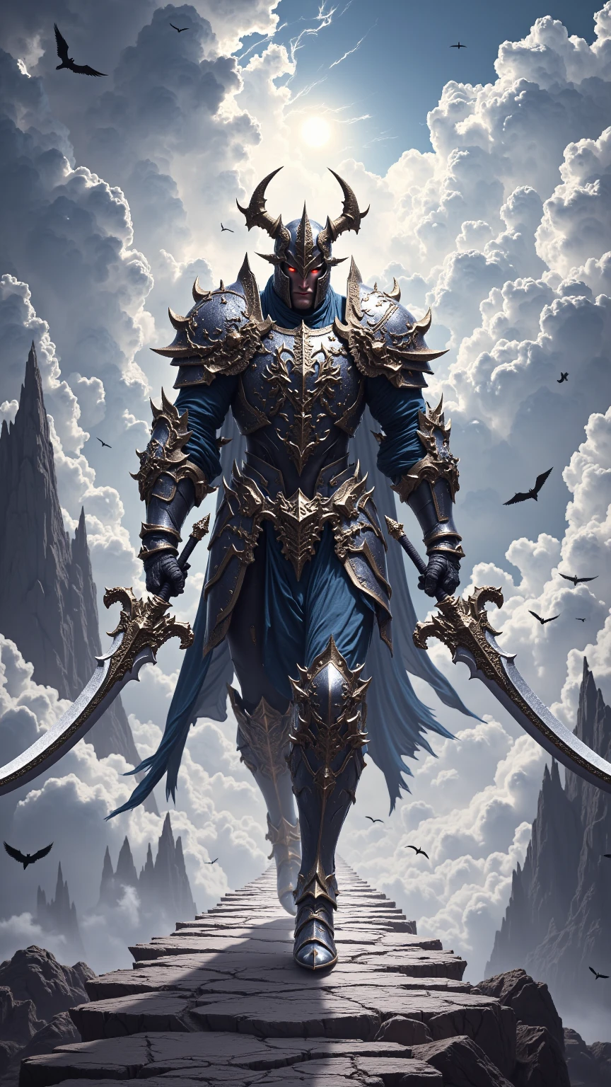 extremely detailed 8k wallpaper), intricate, richly detailed, dramatic, The Dragon Lord wears highly detailed black steel shoulder pads modeled after dragon heads with shimmering silver trimmings and ornaments, an overlying gray cloak with an extremely detailed large hood that goes deep into the bearded sinister Face is drawn with only a pair of red eyes peeking out from underneath, highly detailed gray feathered dragon wings with translucent membranes, insanely realistic graphics, insanely detailed detailing, ultra realistic and highly detailed heavy black steel armor with shiny silver glitter detailing on a gray tunic, extremely detailed heavy black armor Steel gloves, steel boots with reinforced shiny silver ornaments, the light is reflected on the ornaments, glowing ash trickles from the torches in the vaulted passage during the leisurely walk through the somber cathedral, show whole person with some distance to the surroundings to come into their own permit,