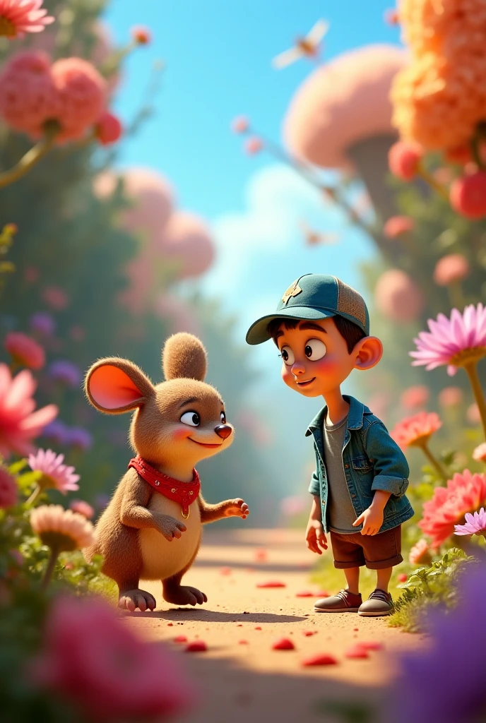 {
"size": "1024x1792",
"prompt": "A curious young boy named Léo, with a green shirt and brown shorts, stands in a colorful garden full of flowers. He is surprised to see a small, friendly rat wearing a blue elegant hat, standing on a rock. The scene is vibrant with sunlight, and the garden is lush and full of life."
}