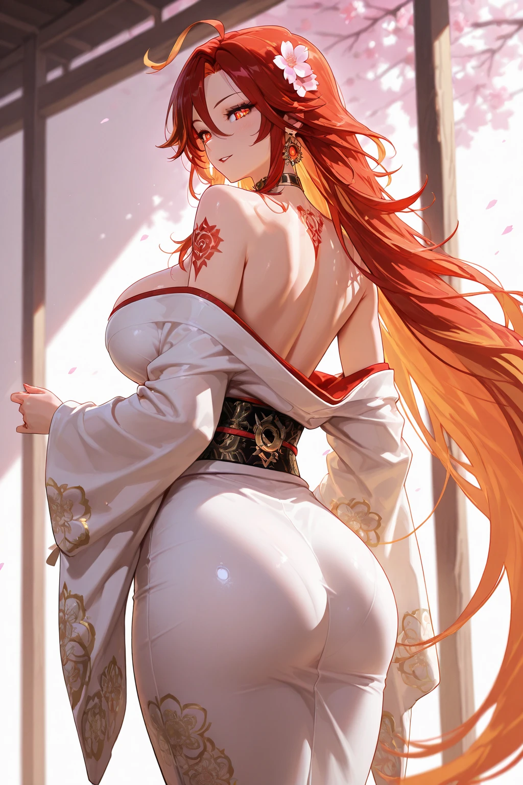 Young adult with red hair, metallic grey eyes and mixed skin. She has a well-pronounced backside, with large F-cup breasts. She wears a tight kimono-style evening dress with semi-feather detailing, black accents and gold trim, giving her a virtuous and elegant appearance. She is sitting on the edge of a volcano, surrounded by dramatic scenery. The scene is detailed and professional, capturing a mix of grace, intensity and charm. On a starry night.
